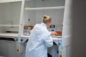 Henkilö työskentelee vetokaapissa laboratoriossa, edessä mittauslaite ja laboratorion perusvälineitä.